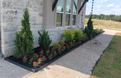 Front foundation bed with black edging, evergreens, and pink flowers under a stone façade and rain chain.