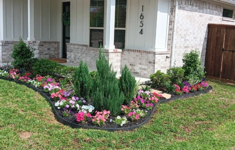 Curved front-yard bed with black edging, evergreens, shrubs, and a dense mix of pink, white, and purple annuals in dark mulch by a light brick home.